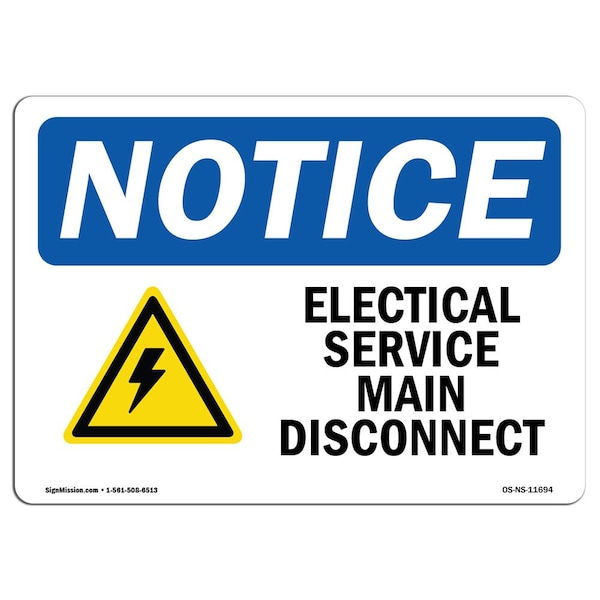 OSHA Sign, 18" H, Rigid Plastic, Electrical Service Main Disconnect Sign With Symbol, Landscape